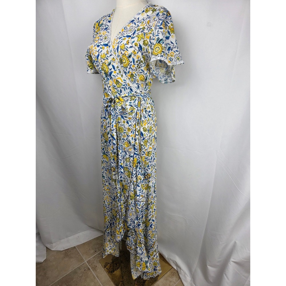 Poupette St Barth Joe Wrap Maxi Dress M Blue Yellow Sunflower Ruffle Resortwear - Picture 4 of 12